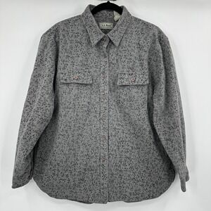 LL Bean Chamois Cloth Shirt Womens XL Grey Leaf Print Button Up Outdoors Layer